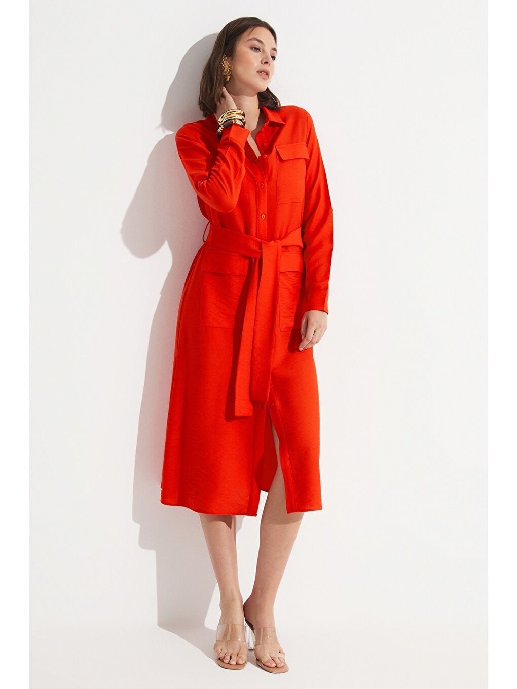 Kırmızı Cep Detaylı Uzun Elbise-3