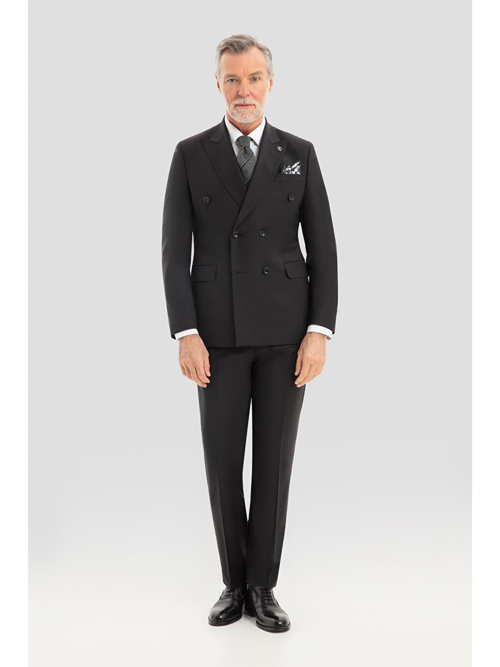 Erkek Siyah Slim Fit Kruvaze Sivri Yaka 6 Drop Yün Karışımlı Takım Elbise-1