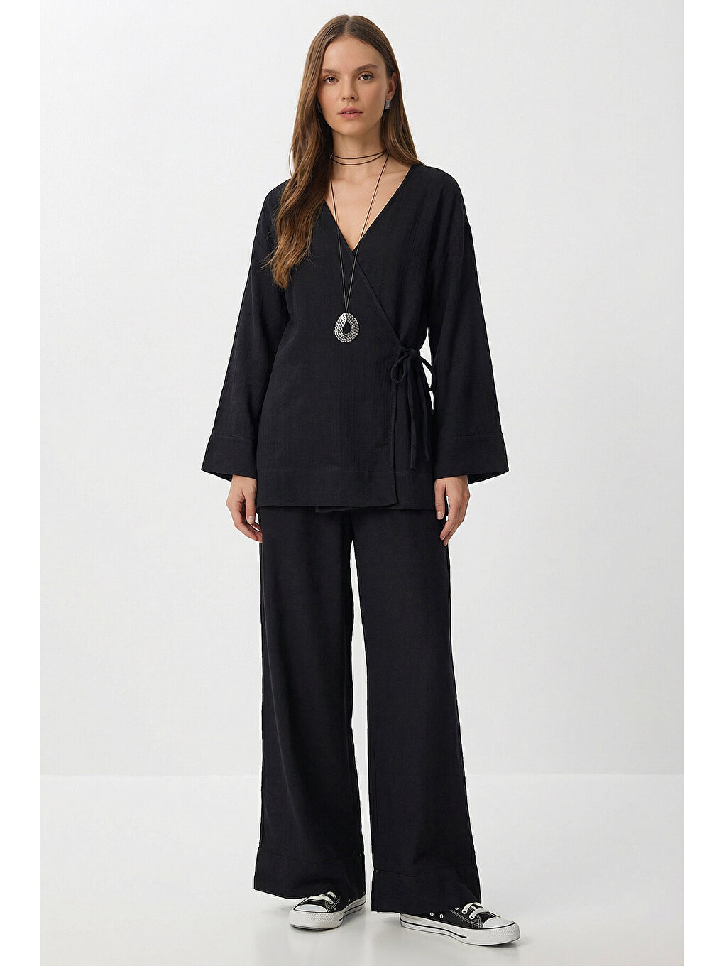 Siyah Bağlama Detaylı Müslin Kimono Takım SİYAH LZH0020