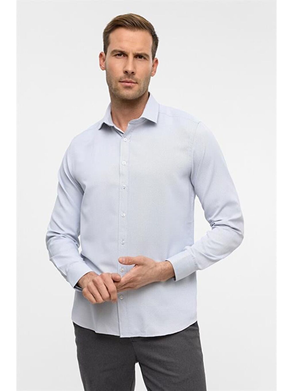 Lacivert Slim Armürlü Klasik Yaka Gömlek-1