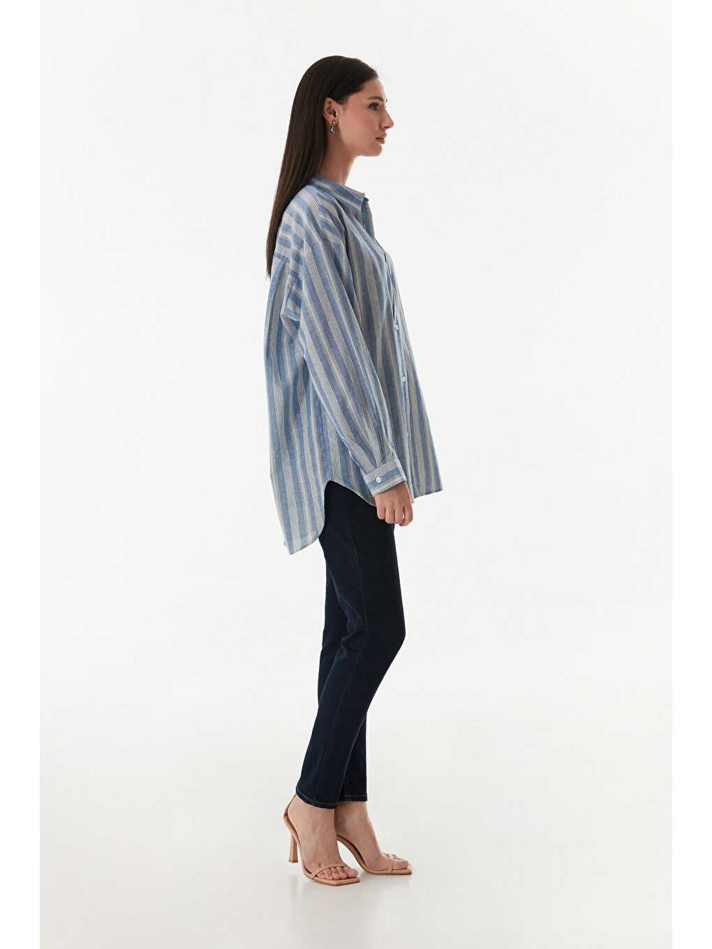 Mavi Çizgili Arkası Uzun Salaş Gömlek-3