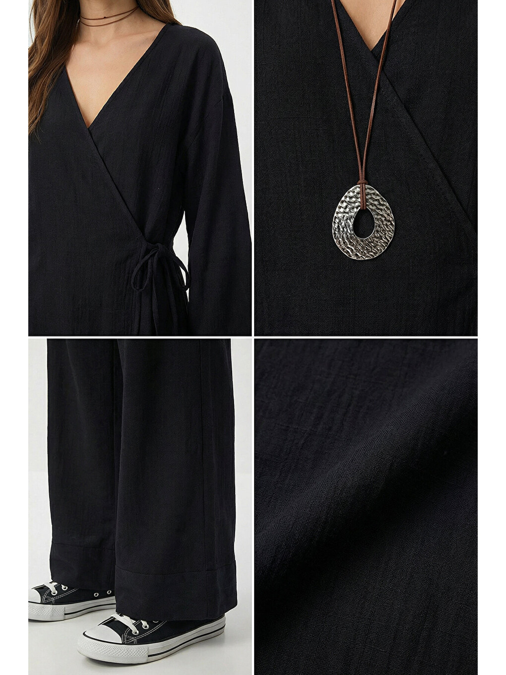 Siyah Bağlama Detaylı Müslin Kimono Takım SİYAH LZH0020-2