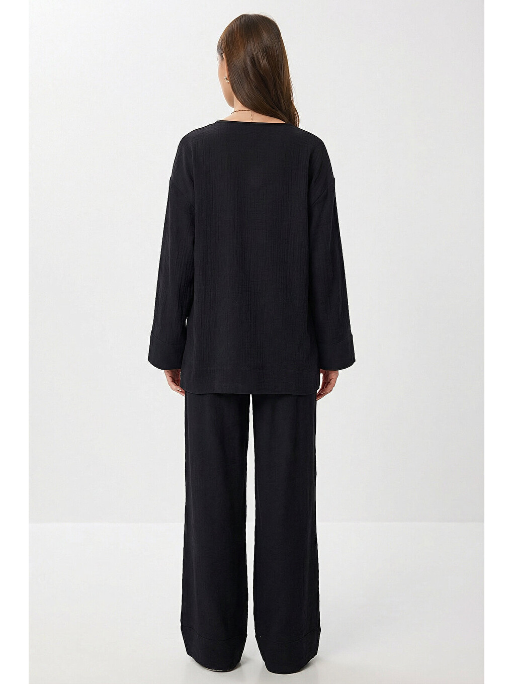 Siyah Bağlama Detaylı Müslin Kimono Takım SİYAH LZH0020-3