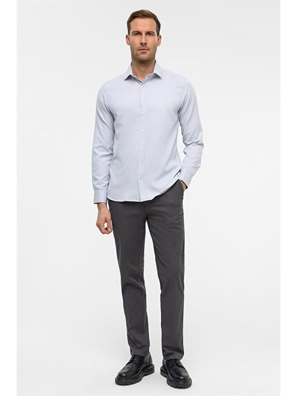 Lacivert Slim Armürlü Klasik Yaka Gömlek-5