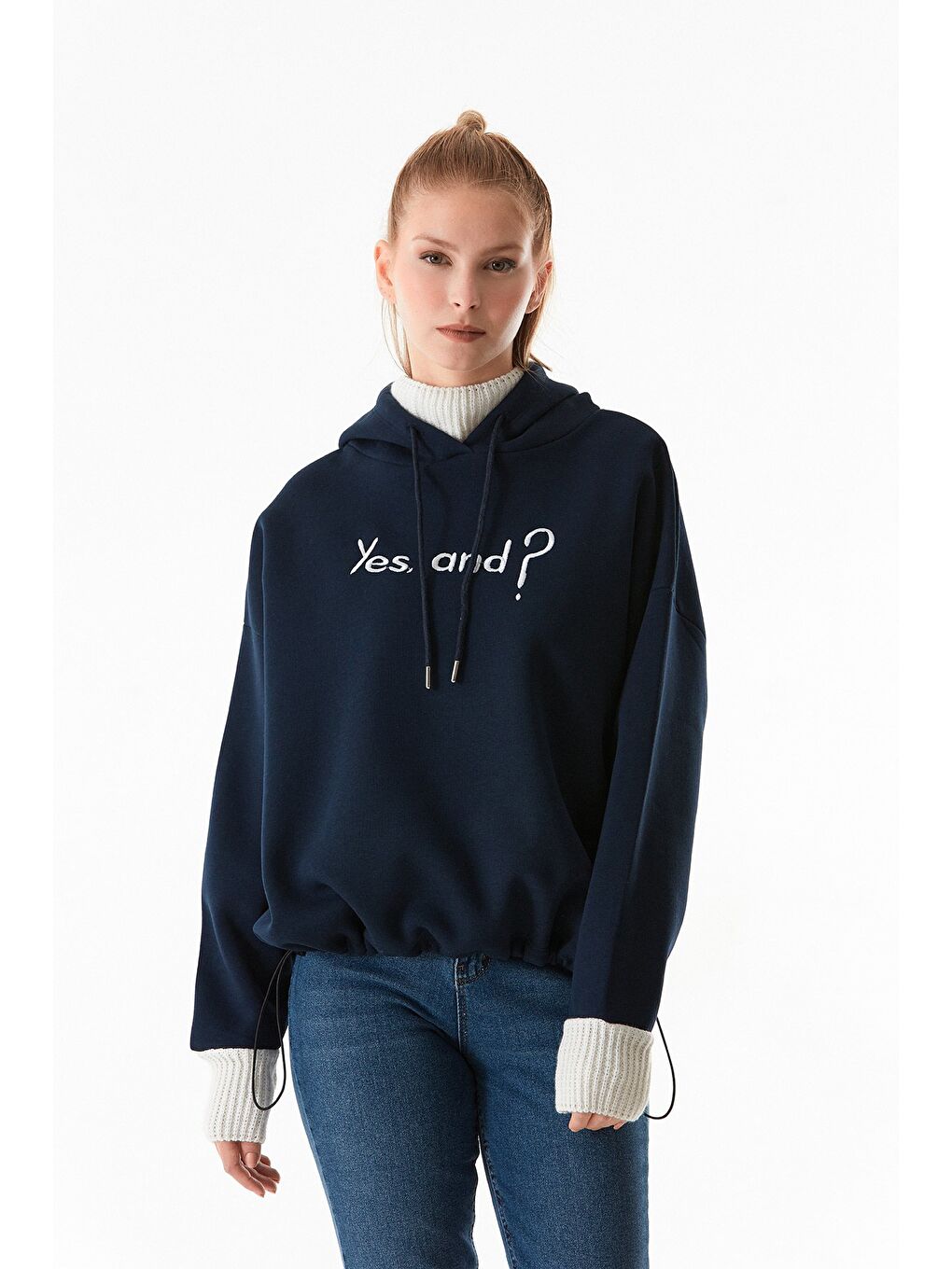 Fullamoda Lacivert Yazı Nakışlı Triko Detaylı Kapüşonlu Sweatshirt