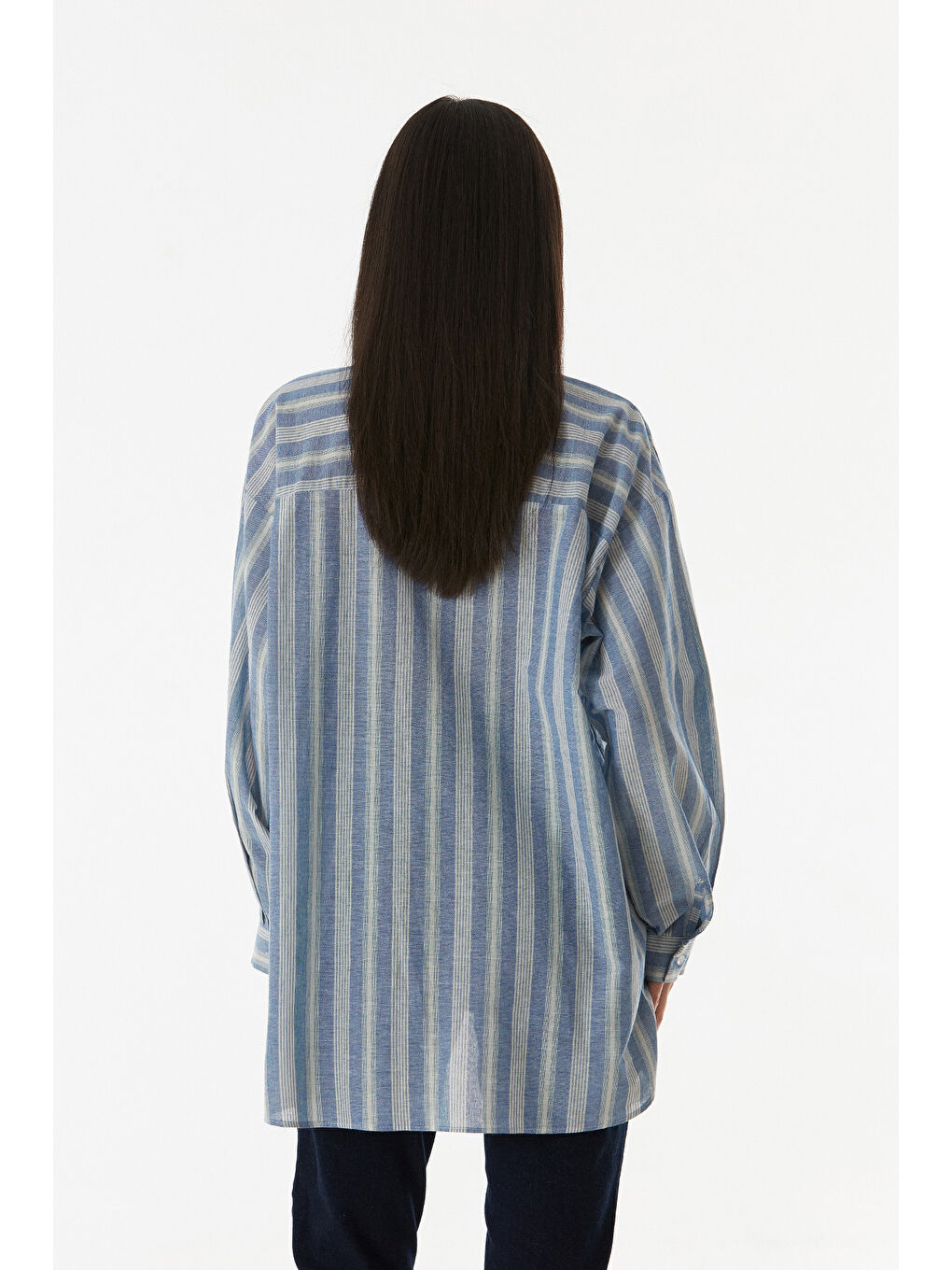 Mavi Çizgili Arkası Uzun Salaş Gömlek-4
