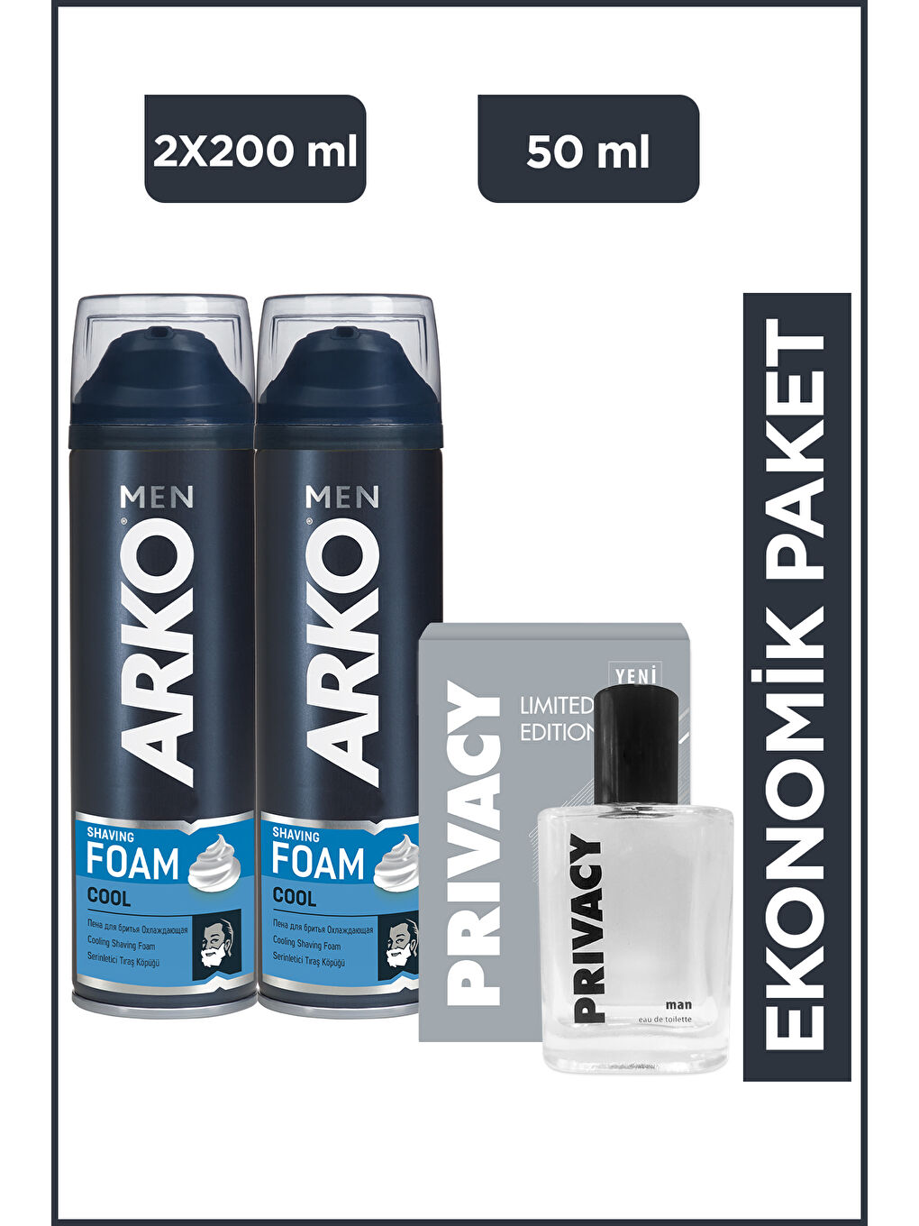 Arko Men Cool Tıraş Köpüğü 2x200 Ml + Privacy Men Limited Edition Edt Parfüm 50 Ml