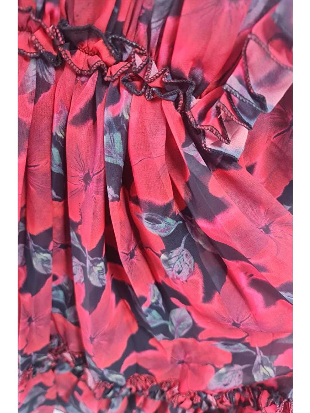 Kız Çocuk Yakası ve Omuzları Fırfır Detaylı Çiçek İşlemeli Pliseli Kırmızı Elbise-2