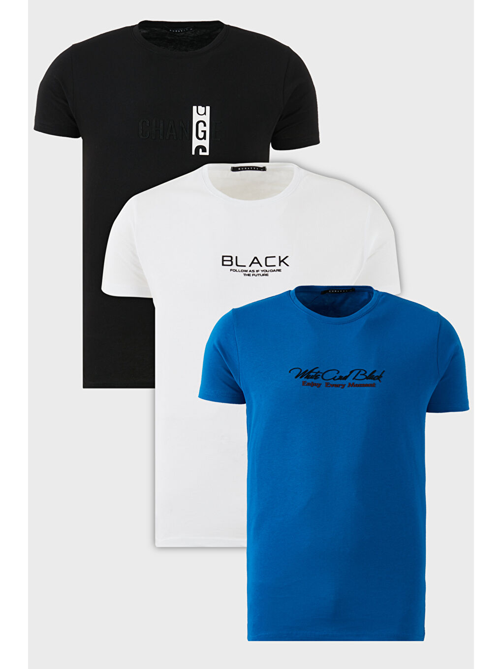 Beyaz Pamuklu Slim Fit Bisiklet Yaka Baskılı 3'lü Paket %100 Pamuk Tişört 541S31