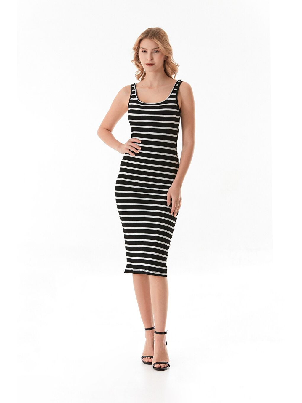 Siyah Basic Fitilli Çizgili Elbise-1