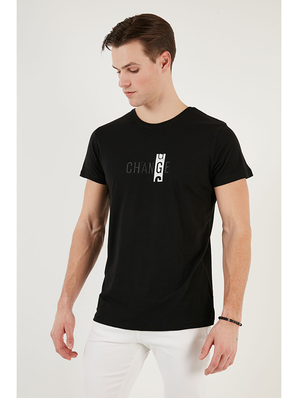 Beyaz Pamuklu Slim Fit Bisiklet Yaka Baskılı 3'lü Paket %100 Pamuk Tişört 541S31-1