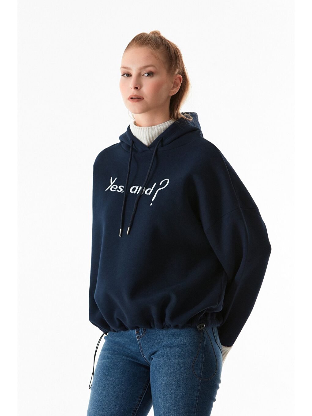 Fullamoda Lacivert Yazı Nakışlı Triko Detaylı Kapüşonlu Sweatshirt - 3