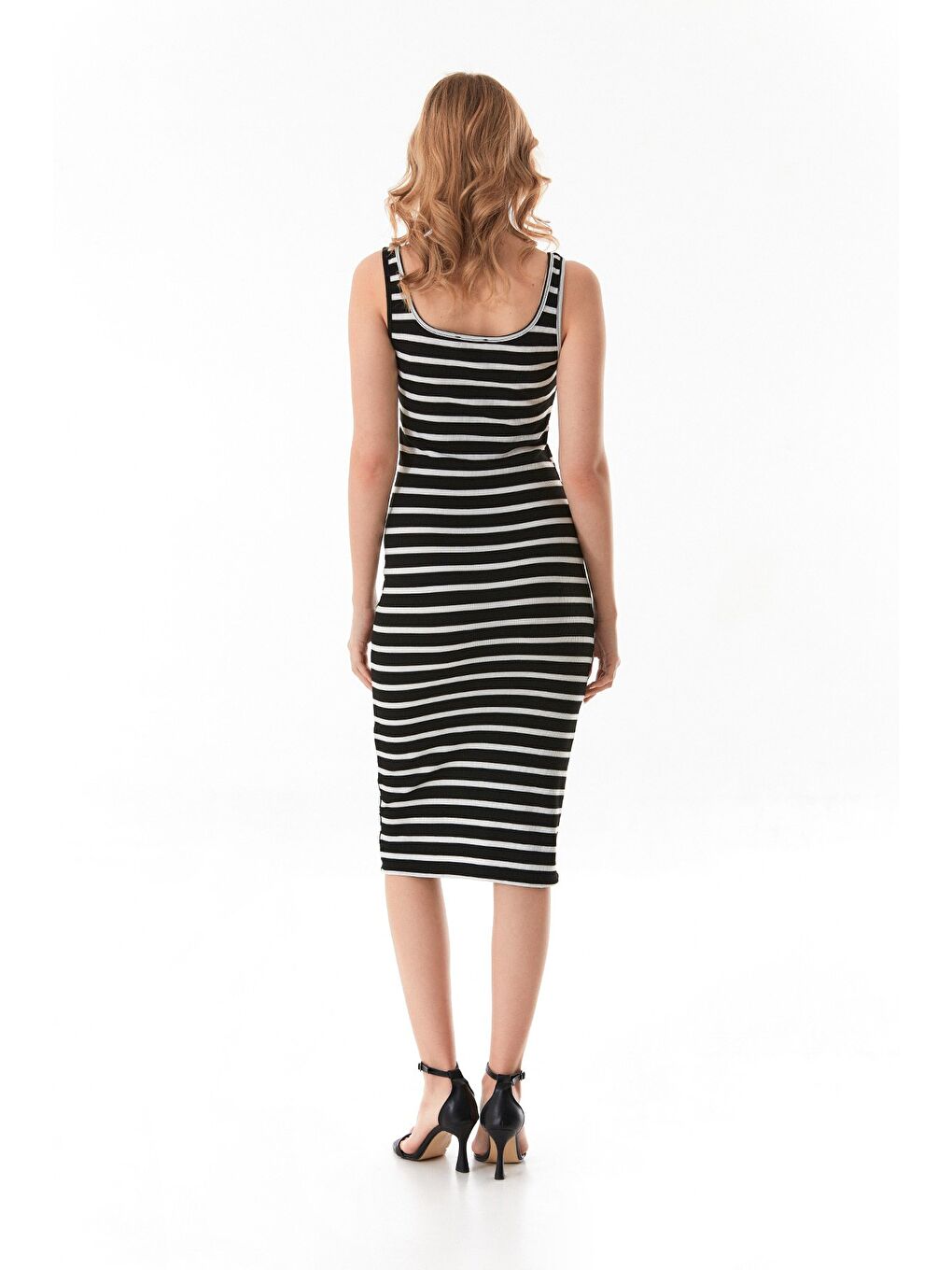 Siyah Basic Fitilli Çizgili Elbise-2