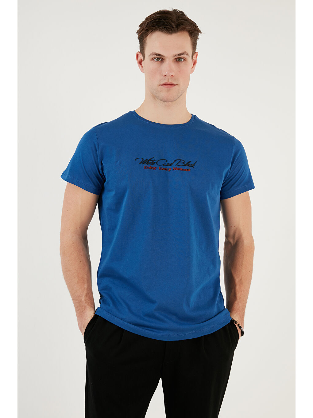 Beyaz Pamuklu Slim Fit Bisiklet Yaka Baskılı 3'lü Paket %100 Pamuk Tişört 541S31-3