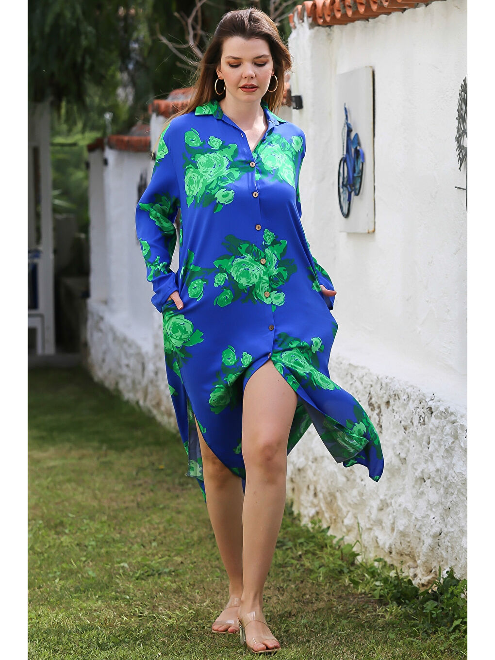 Mavi Gömlek Yaka Düğmeli Uzun Kollu Gizli Cepli Yırtmaçlı Casual Viskon Dokuma Elbise 125 65-1