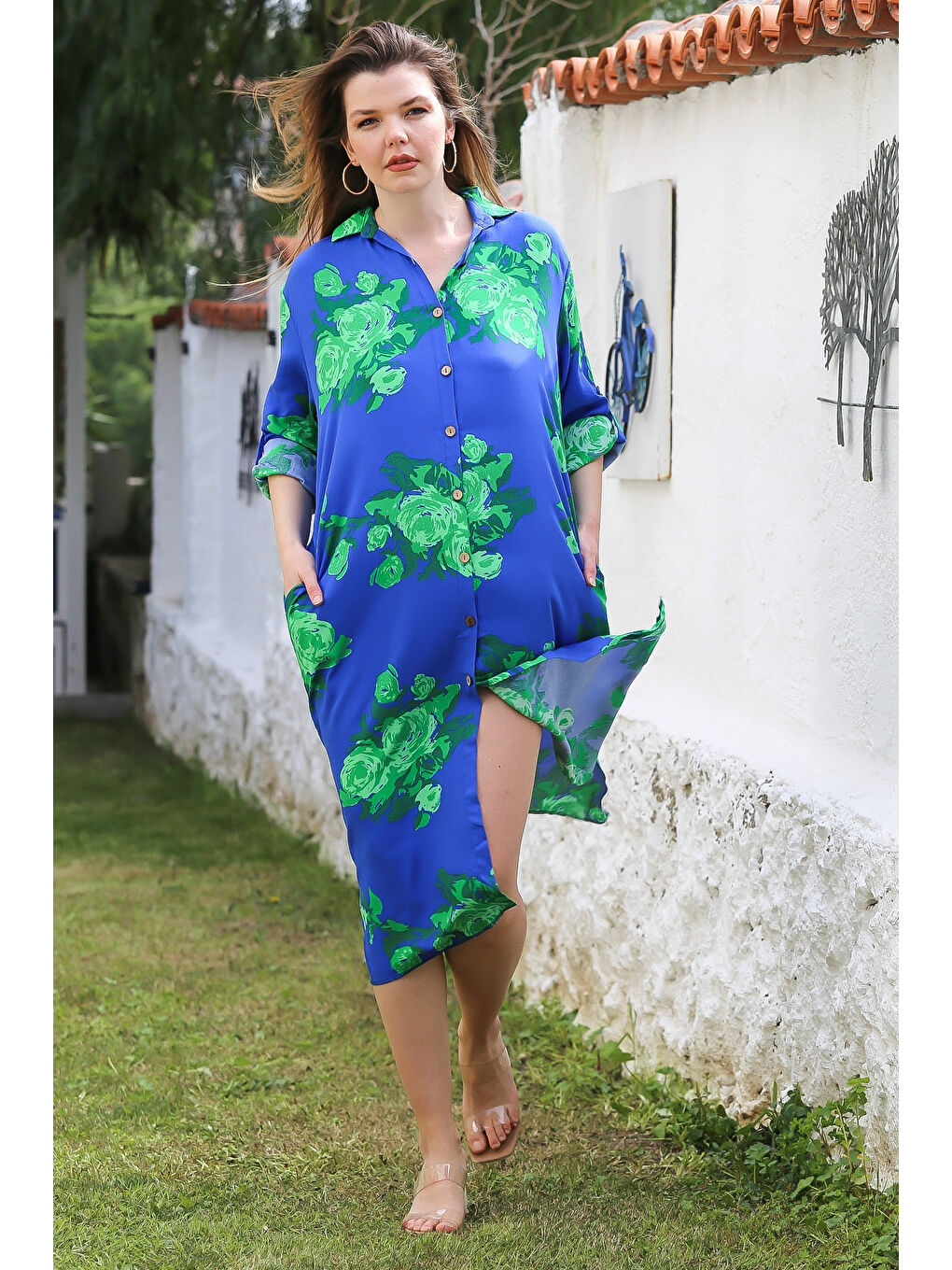 Mavi Gömlek Yaka Düğmeli Uzun Kollu Gizli Cepli Yırtmaçlı Casual Viskon Dokuma Elbise 125 65-2