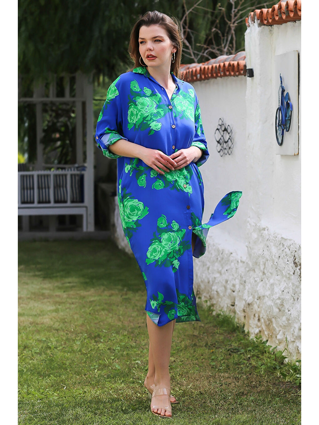 Mavi Gömlek Yaka Düğmeli Uzun Kollu Gizli Cepli Yırtmaçlı Casual Viskon Dokuma Elbise 125 65-3