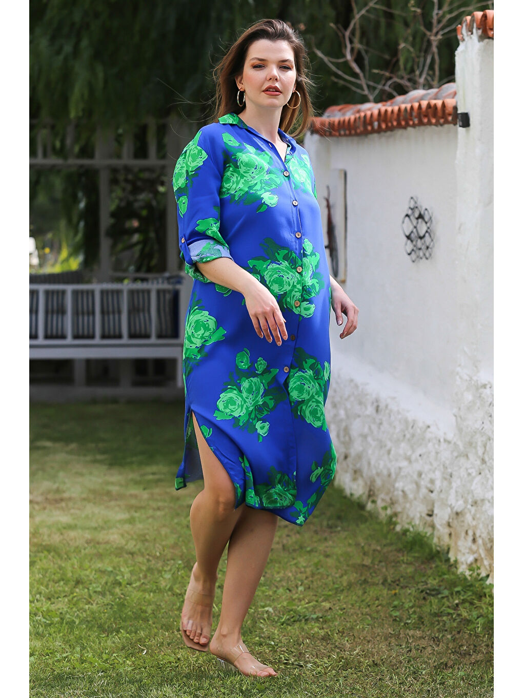 Mavi Gömlek Yaka Düğmeli Uzun Kollu Gizli Cepli Yırtmaçlı Casual Viskon Dokuma Elbise 125 65-5