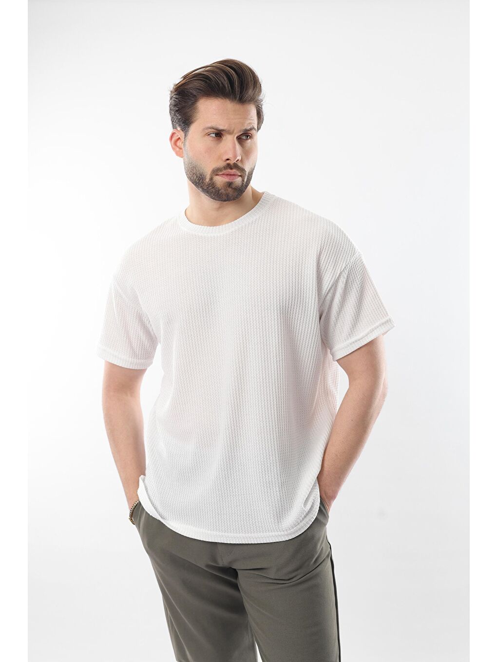 Beyaz Bisiklet Yaka Erkek T-Shirt E7127