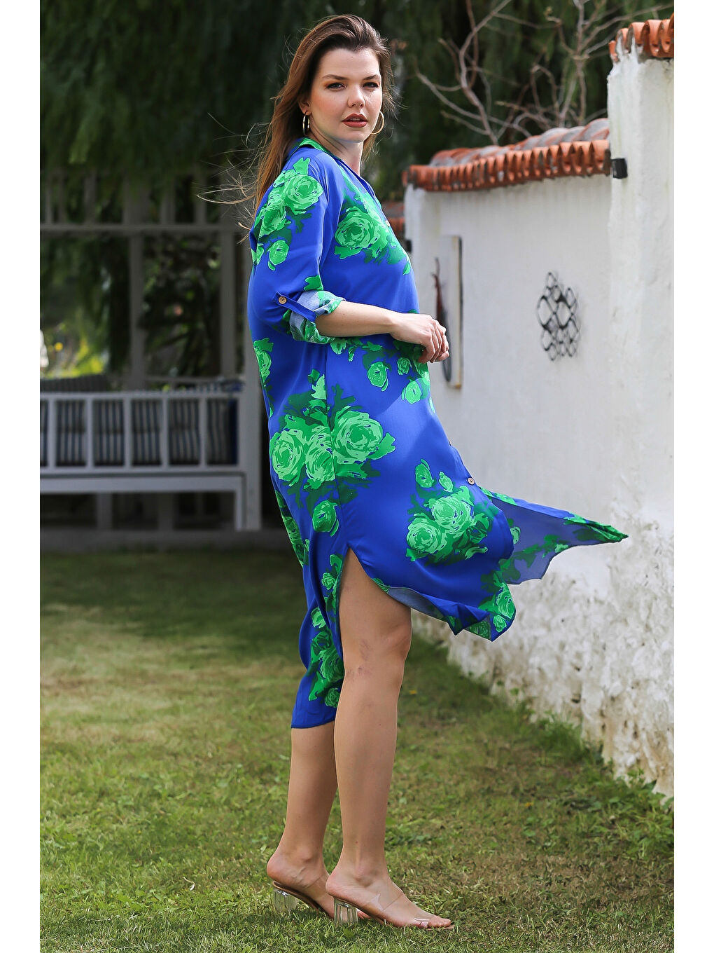 Mavi Gömlek Yaka Düğmeli Uzun Kollu Gizli Cepli Yırtmaçlı Casual Viskon Dokuma Elbise 125 65-6