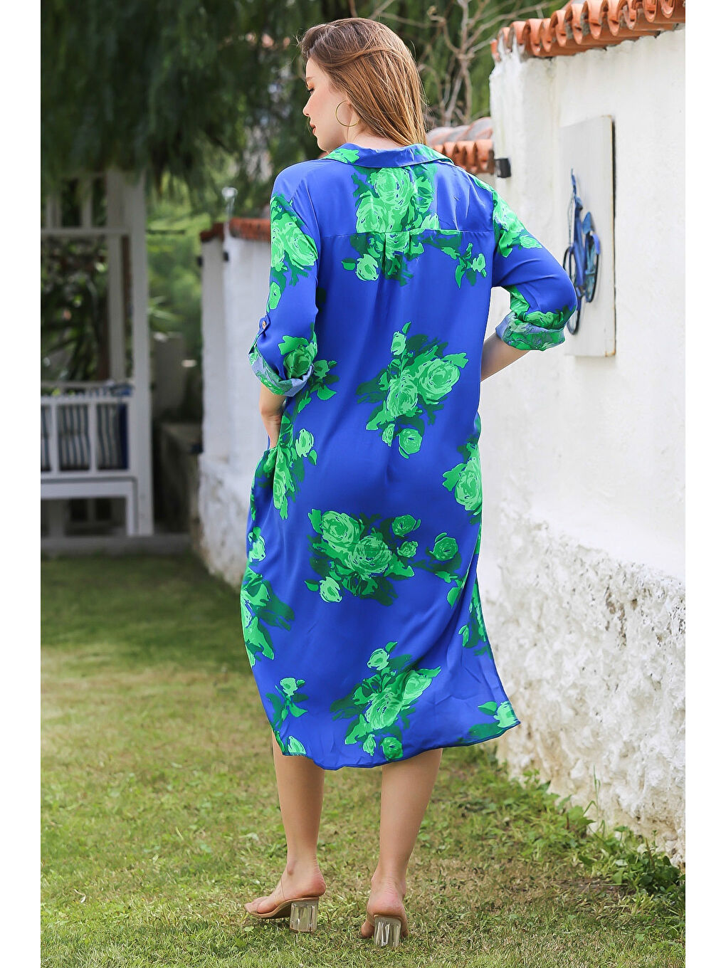 Mavi Gömlek Yaka Düğmeli Uzun Kollu Gizli Cepli Yırtmaçlı Casual Viskon Dokuma Elbise 125 65-7