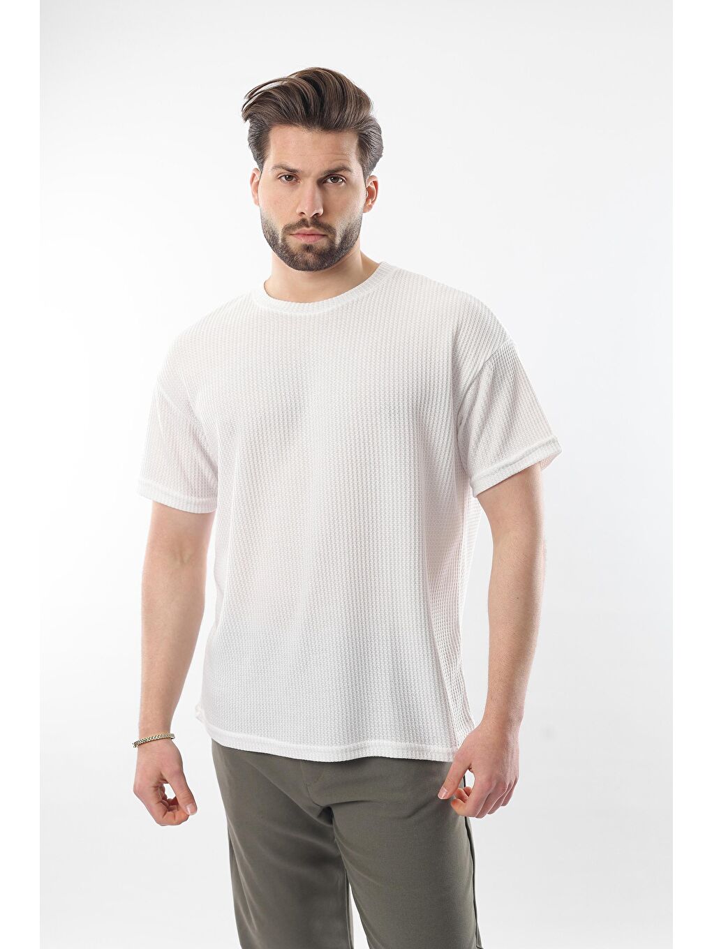 Beyaz Bisiklet Yaka Erkek T-Shirt E7127-1