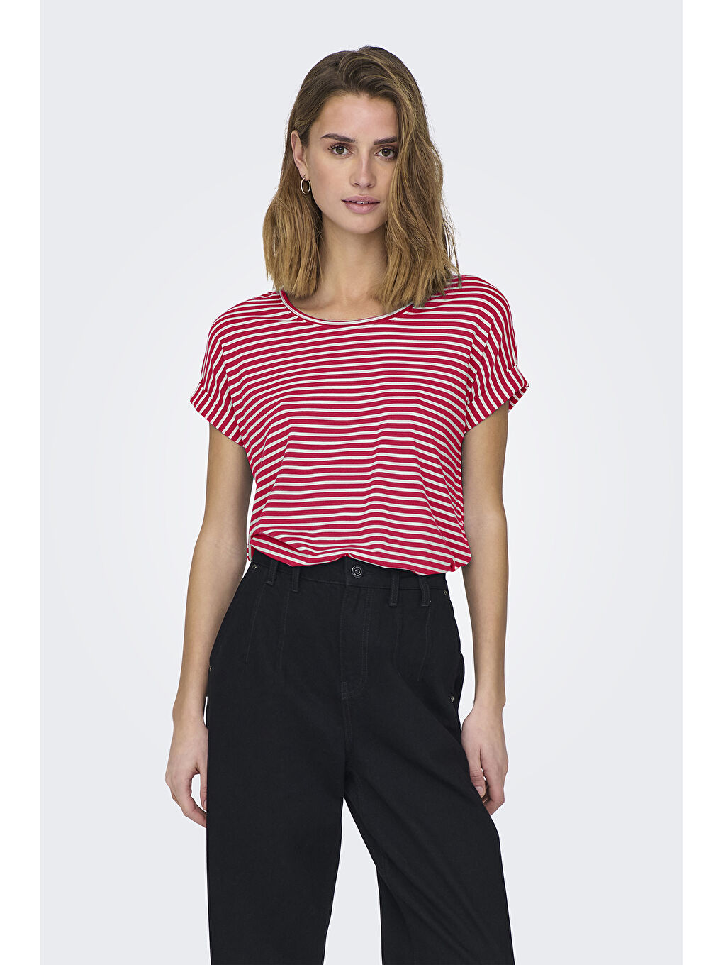 Kırmızı Onlmoster Streç Çizgili Regular Fit Bisiklet Yaka Kadın T Shirt 15206243