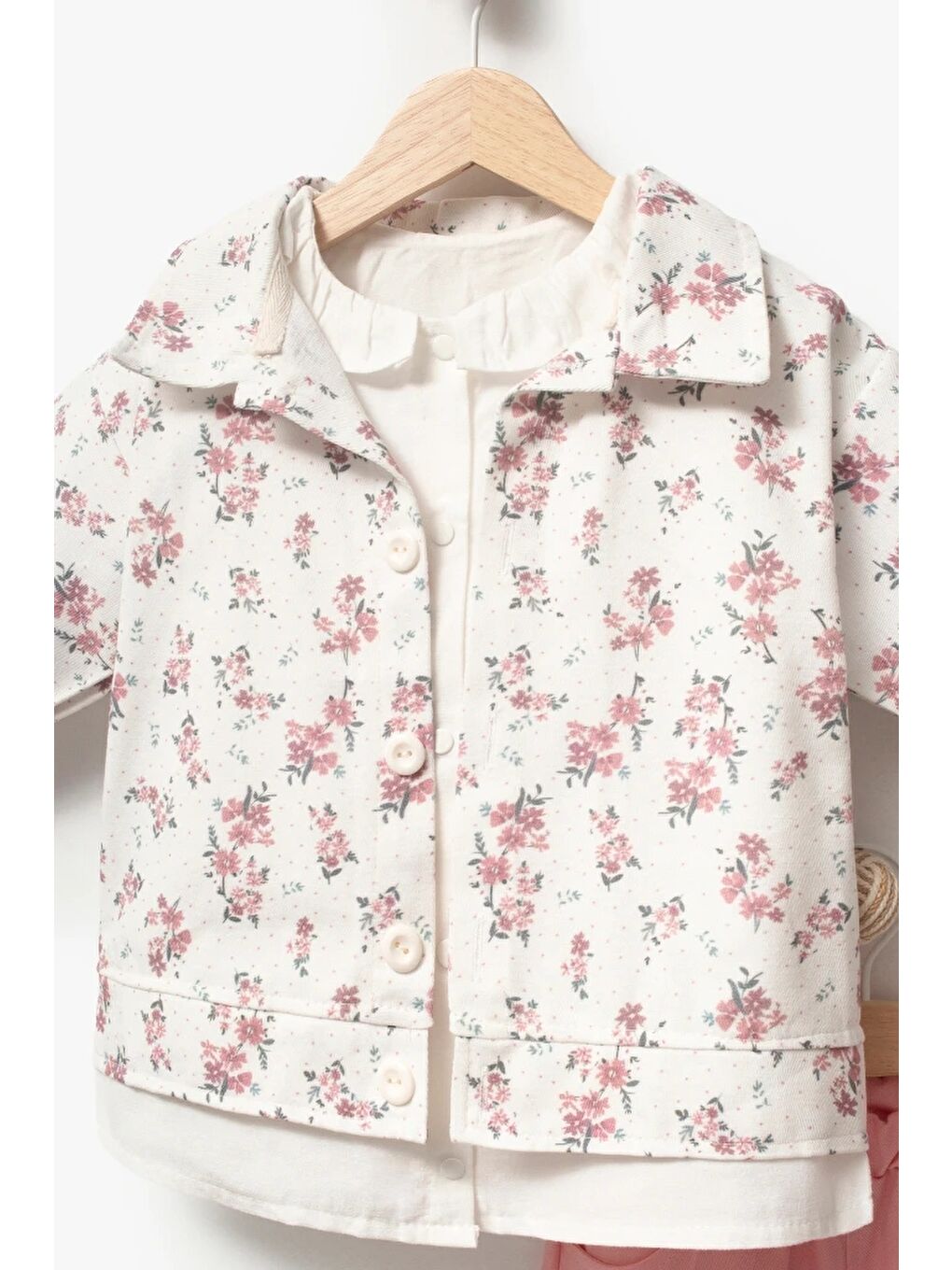 Pembe Çiçekli Vintage Tarz & Gömlek Yaka Bayramlık Kız Çocuk Takımı 9094-1