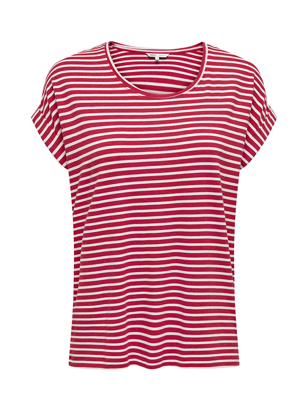 Kırmızı Onlmoster Streç Çizgili Regular Fit Bisiklet Yaka Kadın T Shirt 15206243-2