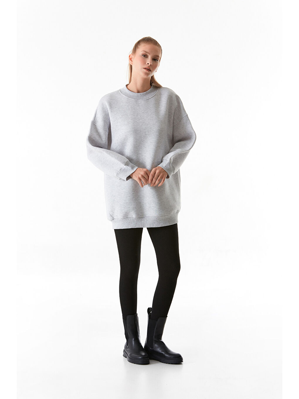 Fullamoda Gri Basic Bisiklet Yaka Oversize Sweatshirt - 4