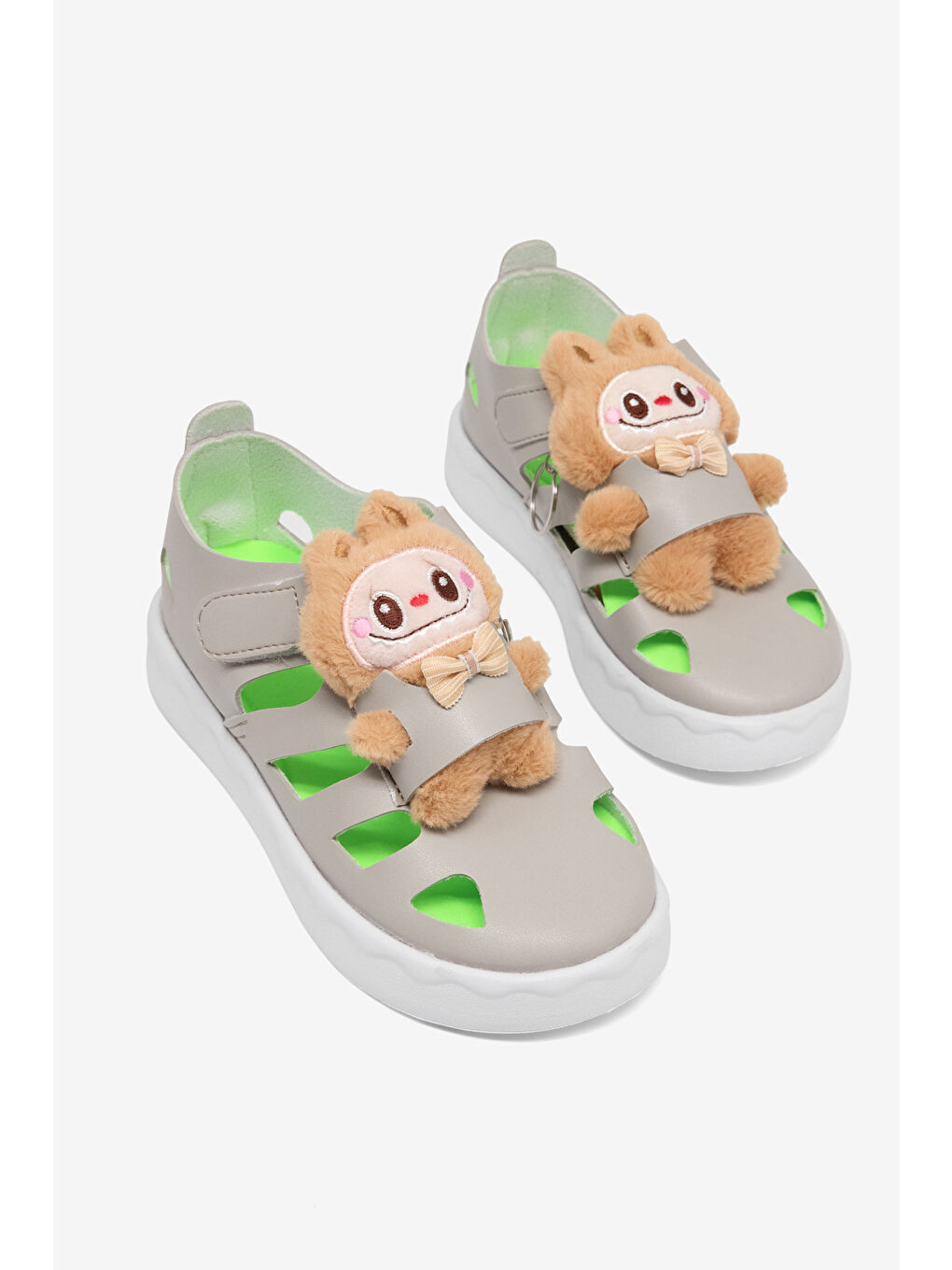 Çocuk Unisex Gri Hafif Taban Ayıcık Detaylı Cırtlı Sandalet-3