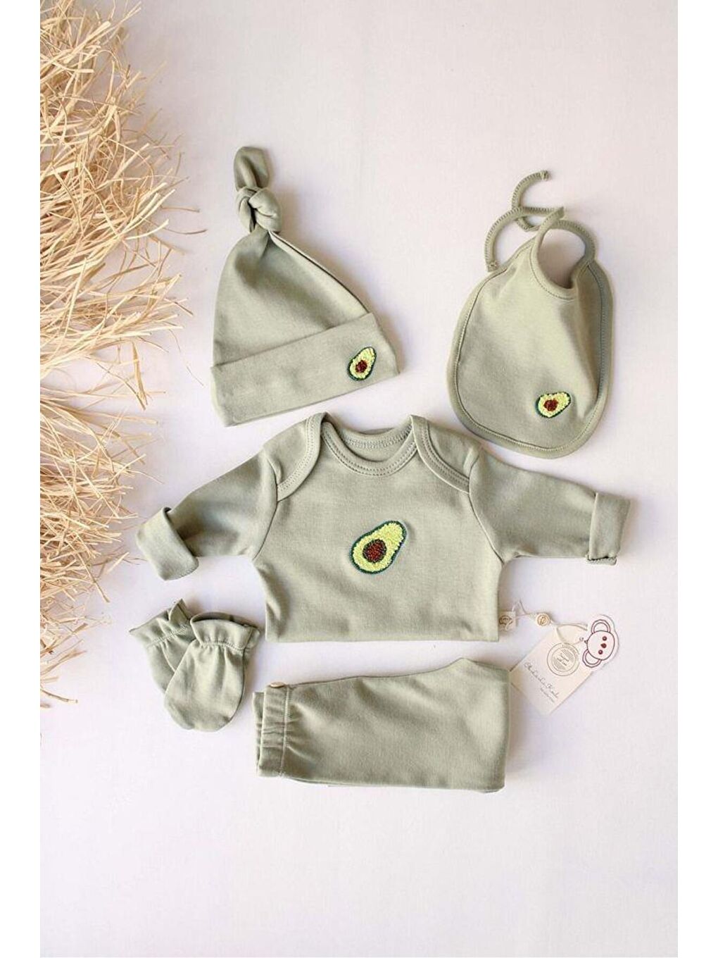 Haki Avokado Nakışlı 5li Uzun Kollu Yenidoğan Set-3