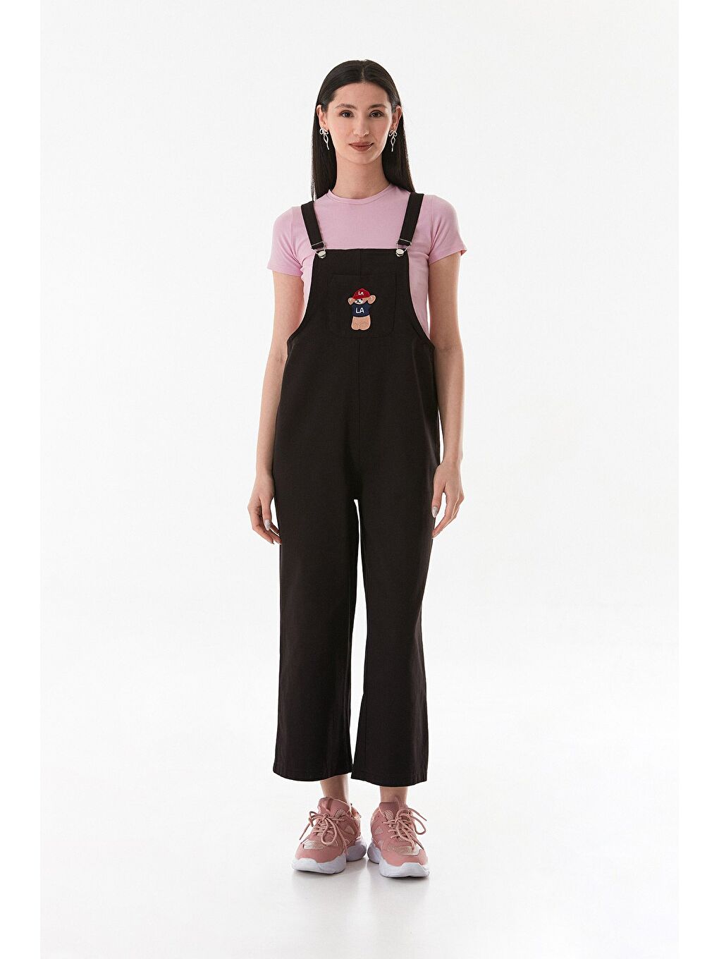 Siyah Ayıcık Nakışlı Askılı Önü Cepli Tulum