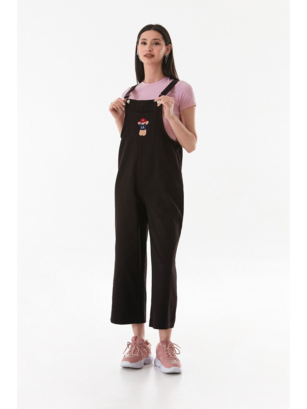 Siyah Ayıcık Nakışlı Askılı Önü Cepli Tulum-1