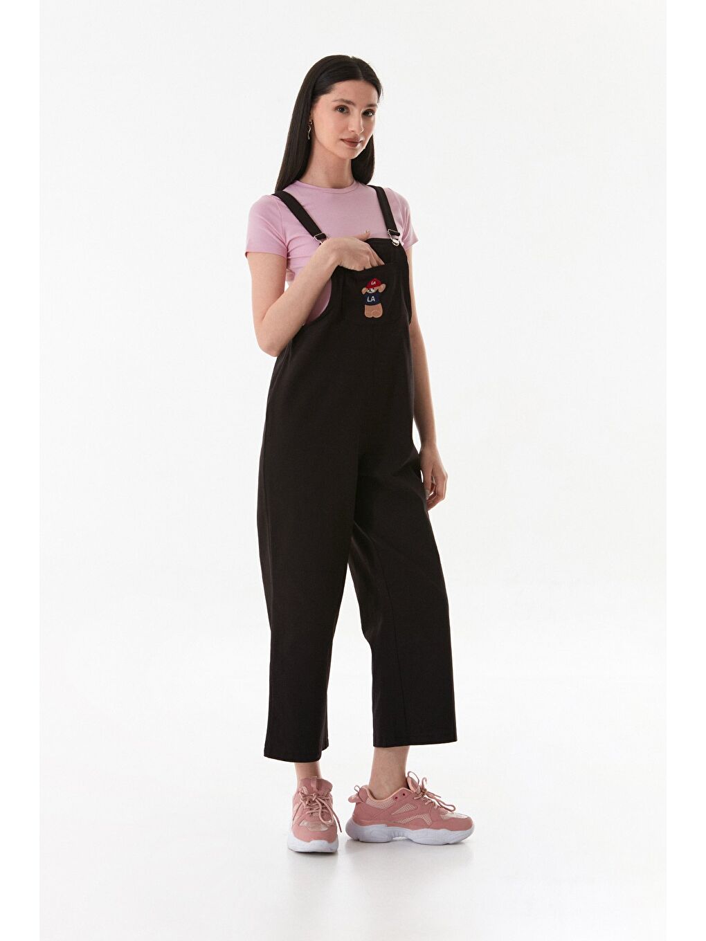 Siyah Ayıcık Nakışlı Askılı Önü Cepli Tulum-4