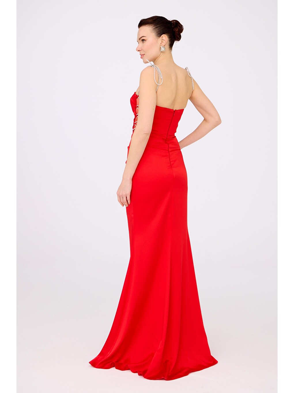 Kırmızı Saten Bağlamalı Uzun Abiye Elbise Ve Davet Elbisesi-5