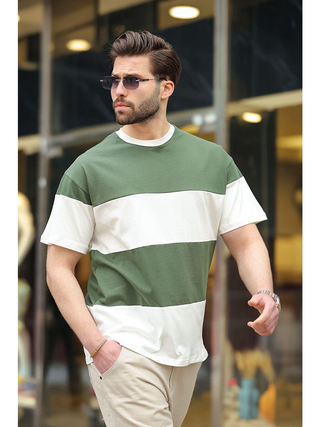 Haki Oversize Renk Bloklu Bisiklet Yaka %100 Pamuk Tişört 7020-1