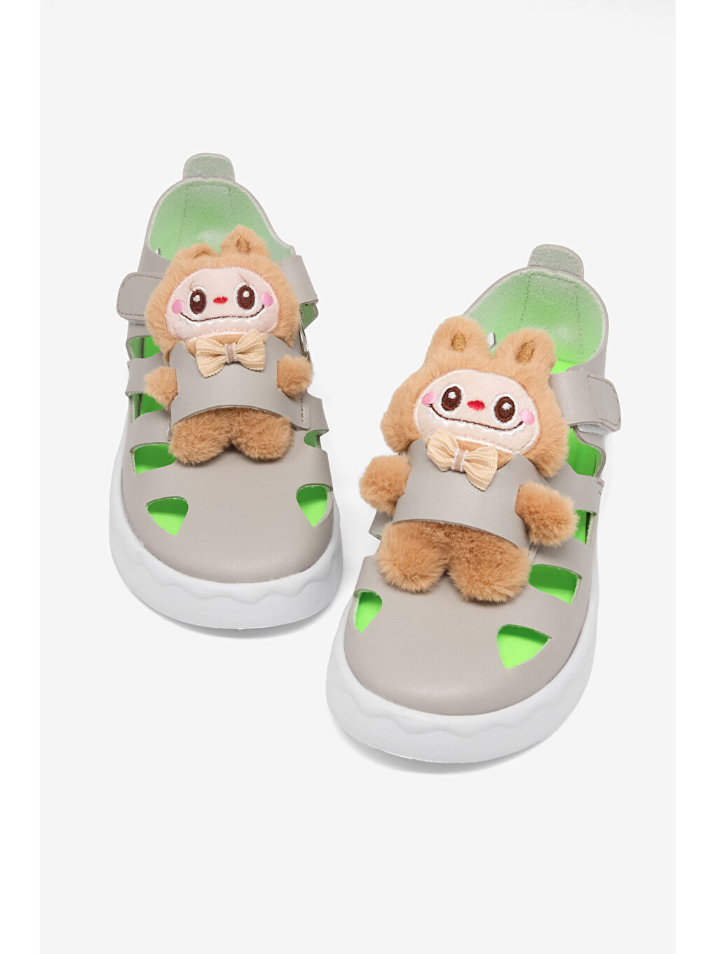 Çocuk Unisex Gri Hafif Taban Ayıcık Detaylı Cırtlı Sandalet-4