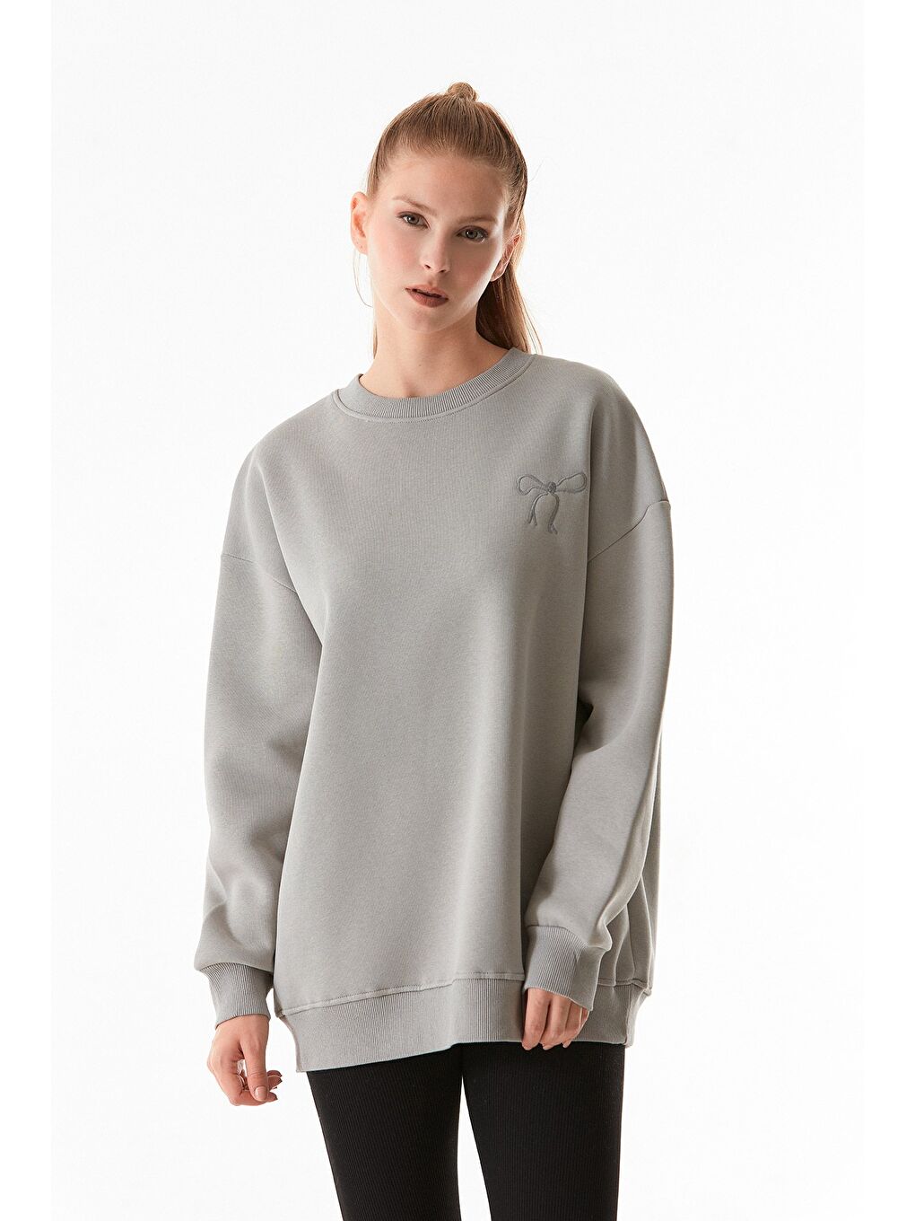 Fullamoda Gri Basic Bisiklet Yaka Oversize Sweatshirt