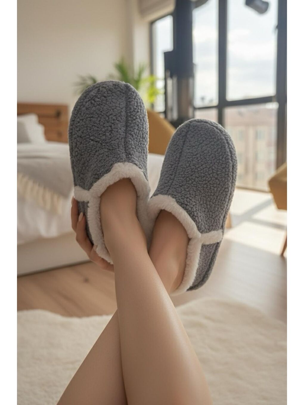 Gri Lory Kadın Ev Botu Pelüş Ev Pandufu Ses Yapmaz Taban Sıcak Kürklü Panduf-2