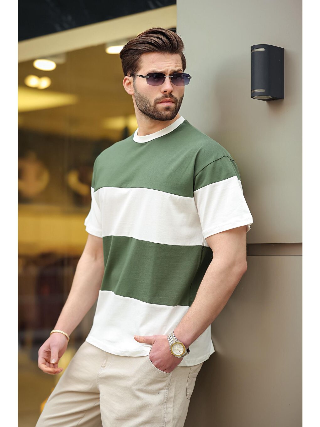 Haki Oversize Renk Bloklu Bisiklet Yaka %100 Pamuk Tişört 7020-2