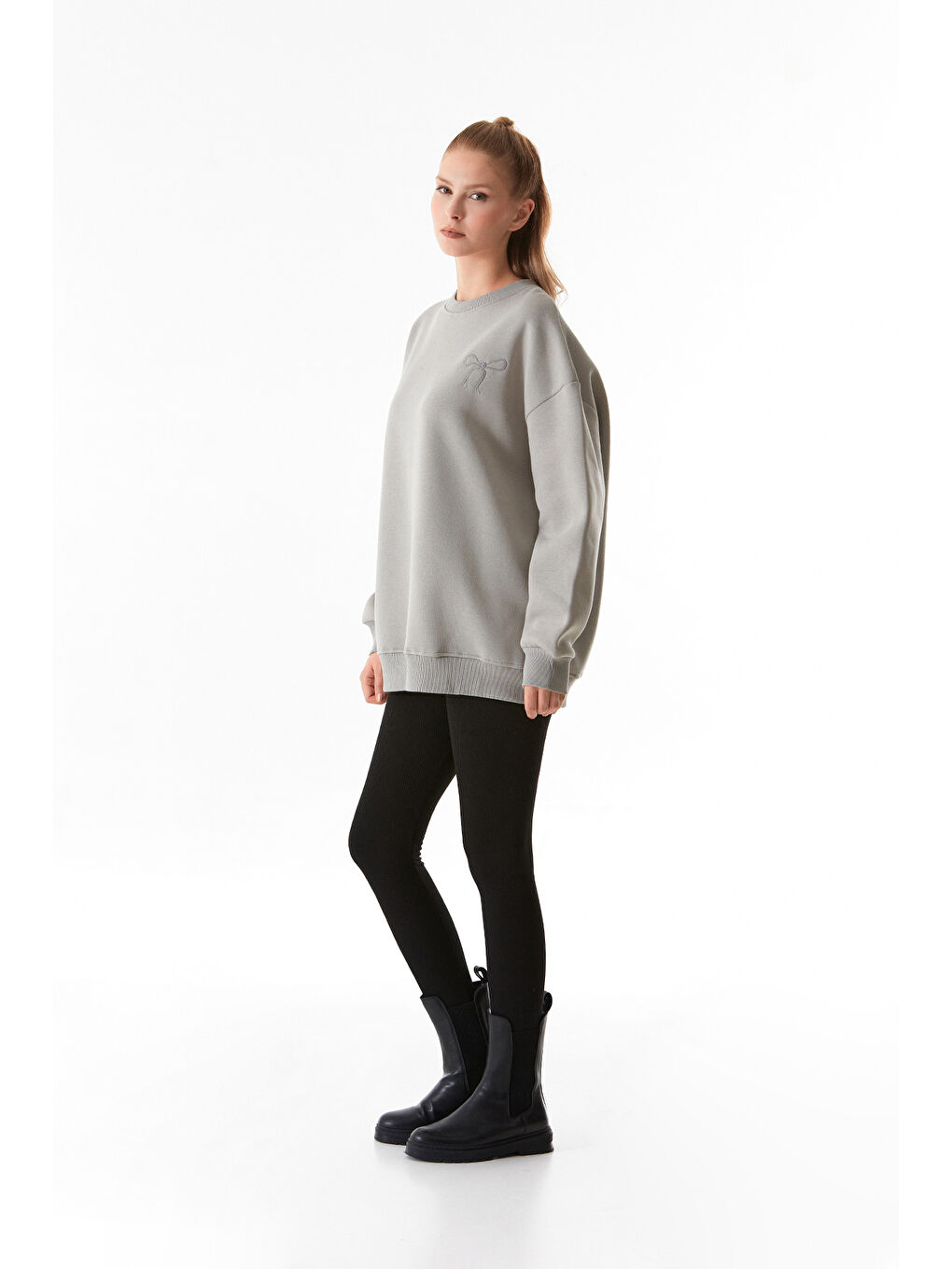 Fullamoda Gri Basic Bisiklet Yaka Oversize Sweatshirt - 1