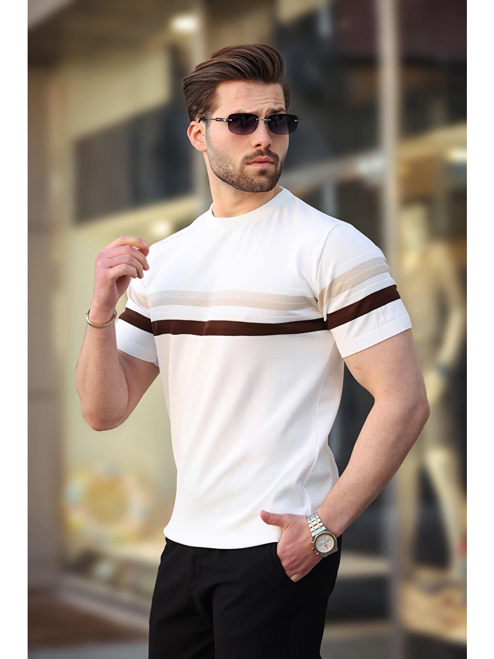 Beyaz Bisiklet Yaka Çizgili Erkek Tişört E7412-2