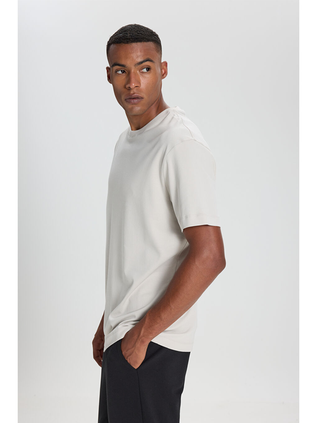 Bej Erkek Taş %100 Pamuk Modern Fit Normal Kesim Bisiklet Yaka Tişört-2