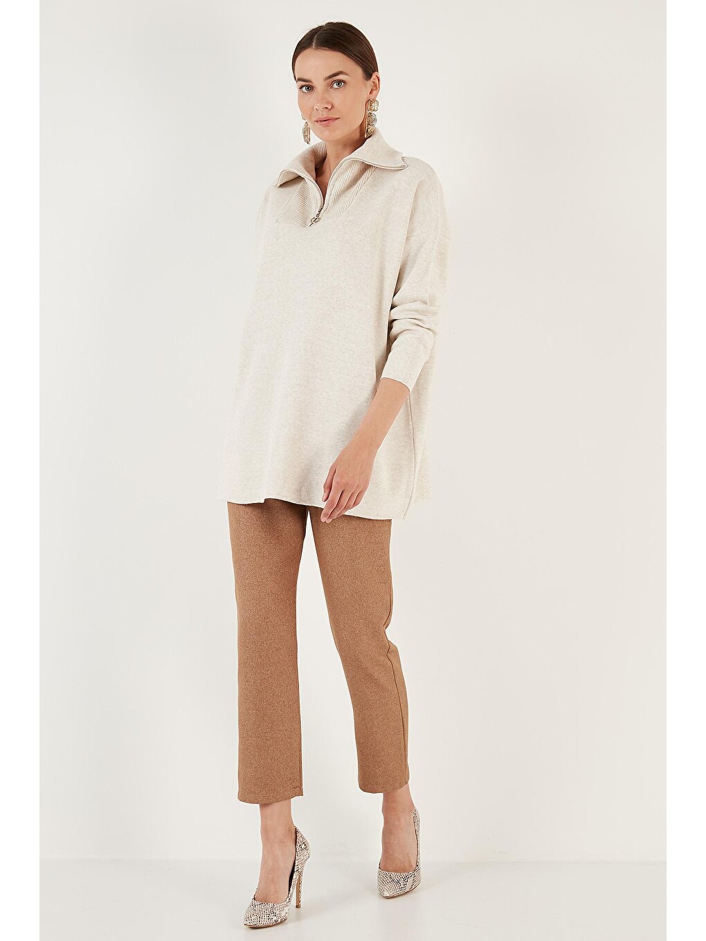 Ekru Yarım Fermuarlı Oversize Triko Kadın Kazak 4616079y-3
