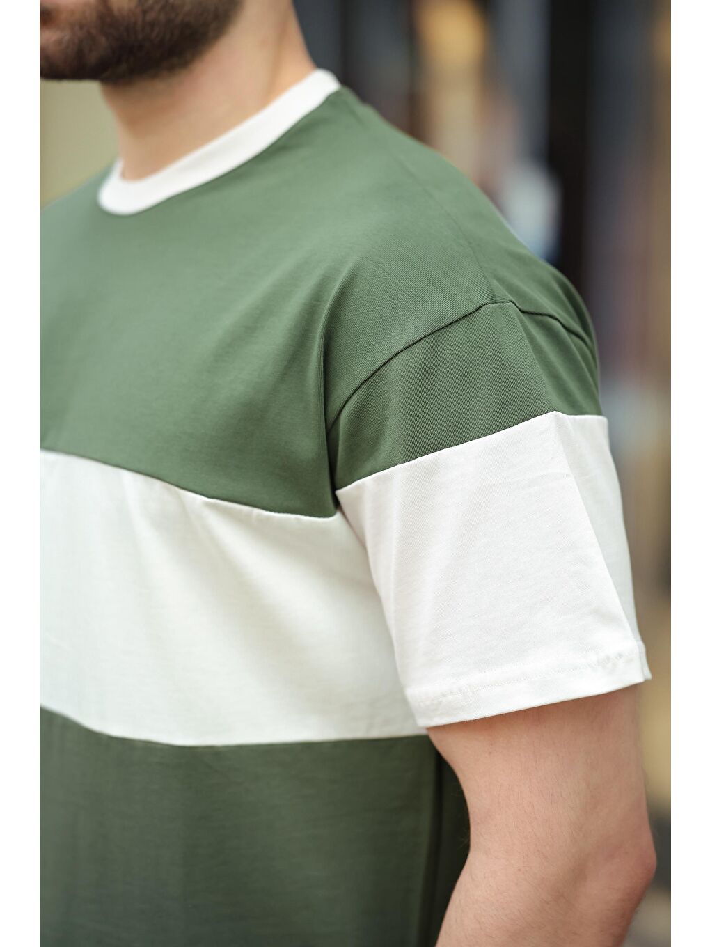 Haki Oversize Renk Bloklu Bisiklet Yaka %100 Pamuk Tişört 7020-3