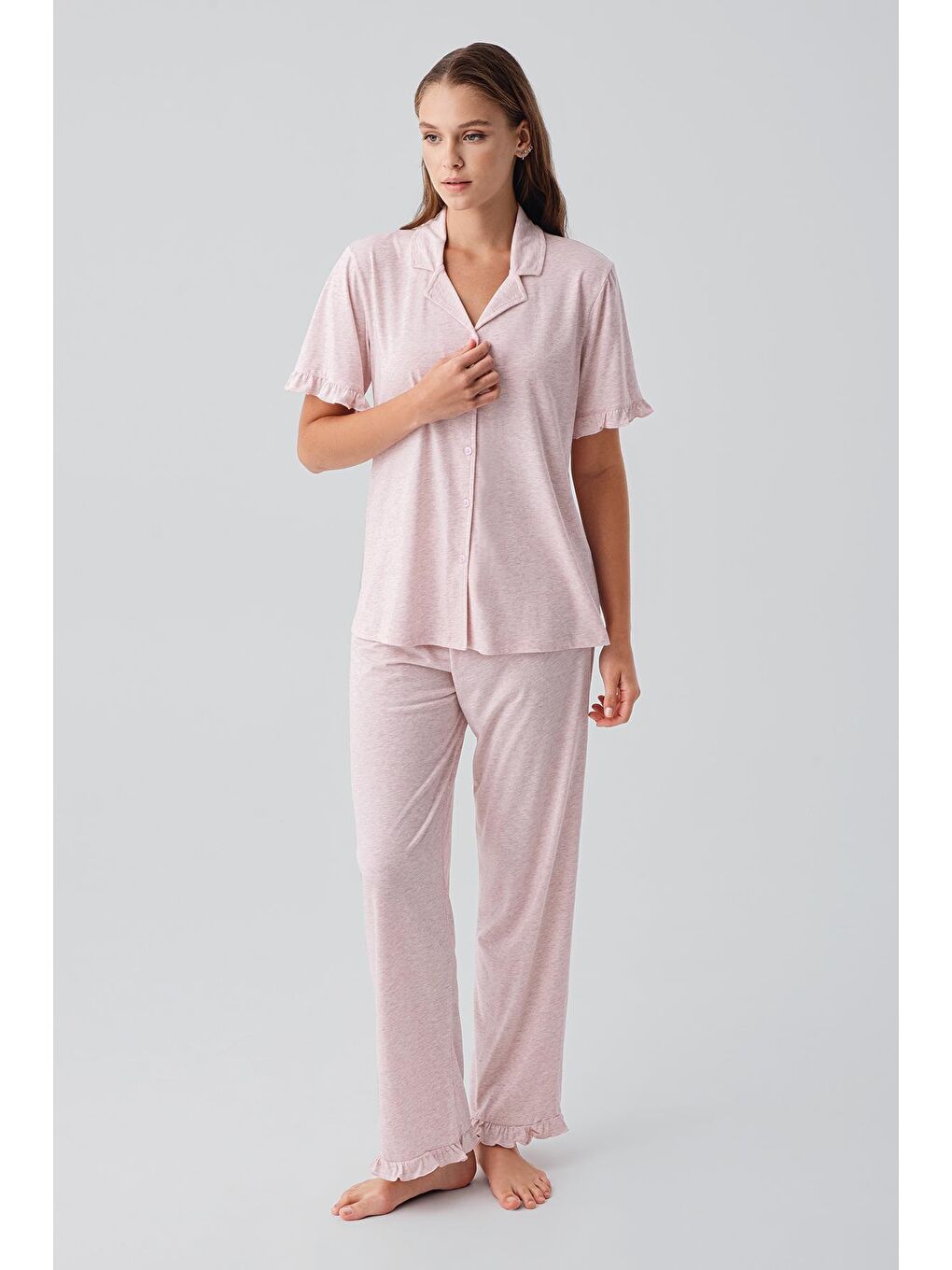 Pembe Kısa Kollu Düğmeli Fırfırlı Pamuklu Pijama Takım 19219-1