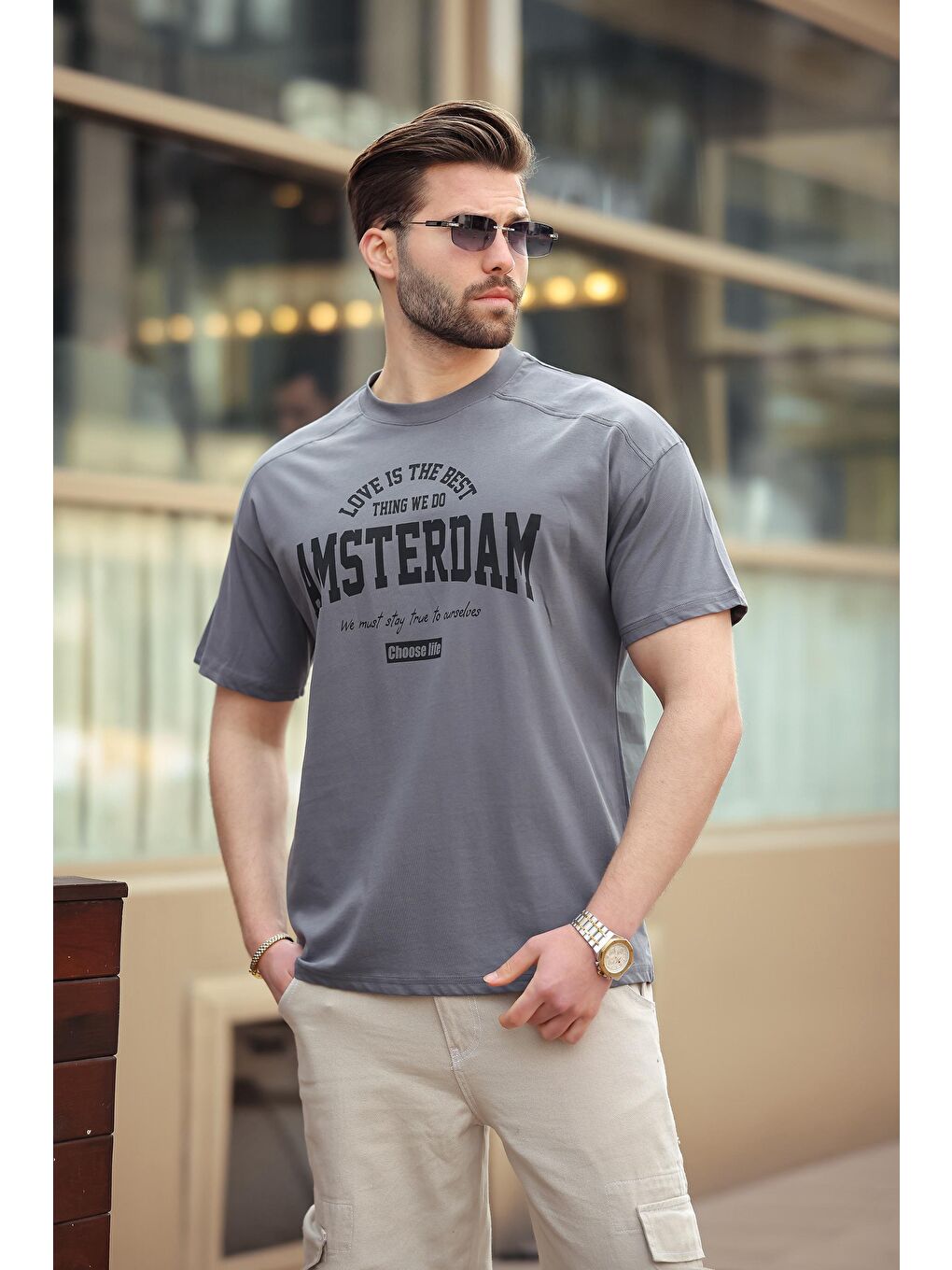 Gri Füme Baskılı Erkek Tişört E7124