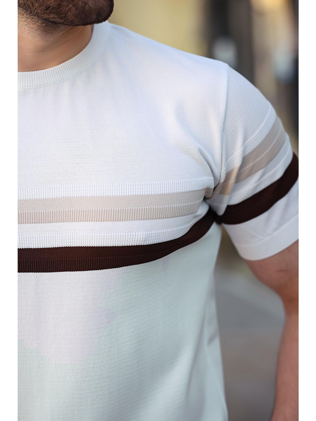 Beyaz Bisiklet Yaka Çizgili Erkek Tişört E7412-3