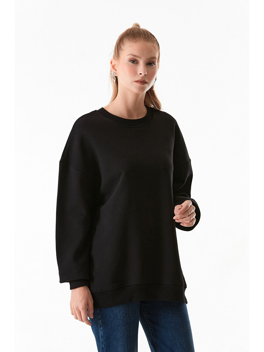 Fullamoda Siyah Basic Bisiklet Yaka Oversize Sweatshirt